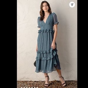 Lulu’s Know Your Heart Dusty Blue Polka Dot Ruffled Midi Dress